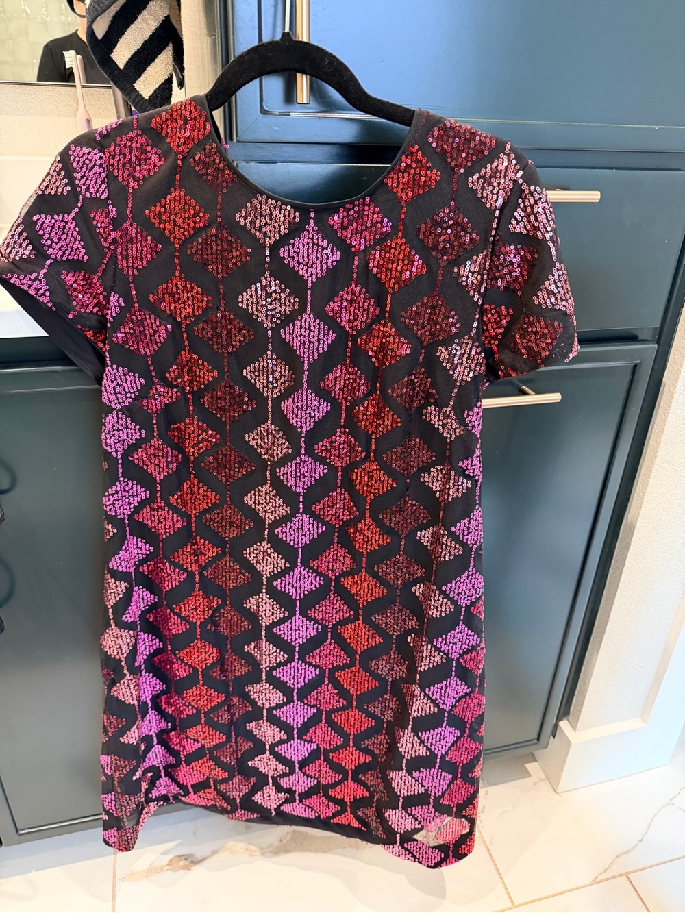 London Times Short sleeve Black Dress with Pink and Red Sequin Embellishment